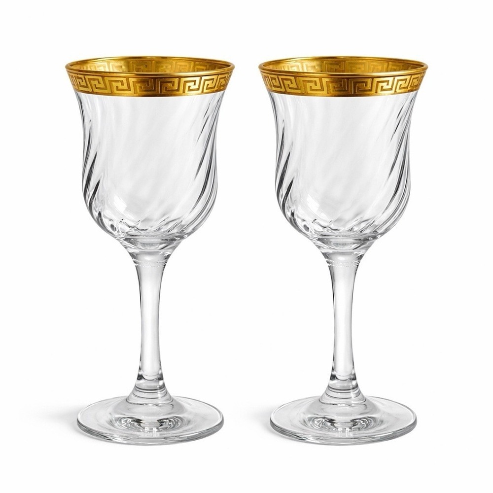 Vintage Gold Greek Key Wine Glasses Set of 2 Optic Swirl Bowl Elegant Barware